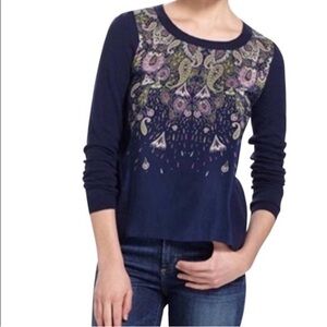Anthropologie Moth Navy Blue Paisley Silk Front Sweater Size Medium